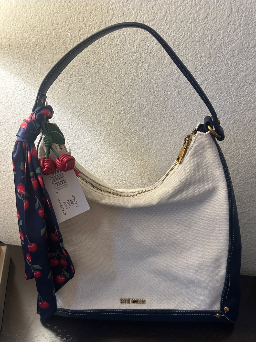 Steve Madden canvas leather shoulder bag with cherry 🍒 charm and scarf